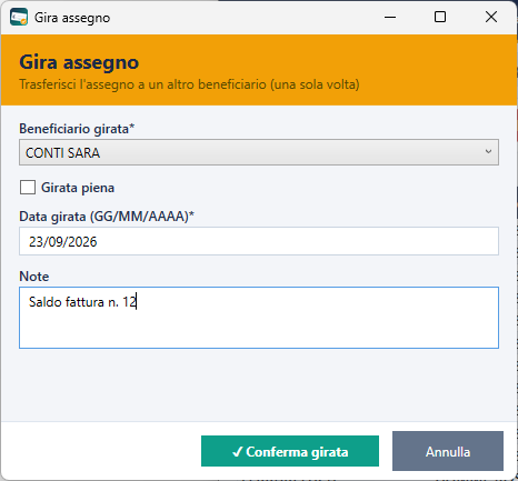 Gestione Assegni 4.0: finestra di registrazione della girata