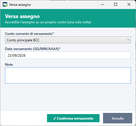 Gestione Assegni 4.0: finestra di registrazione del versamento